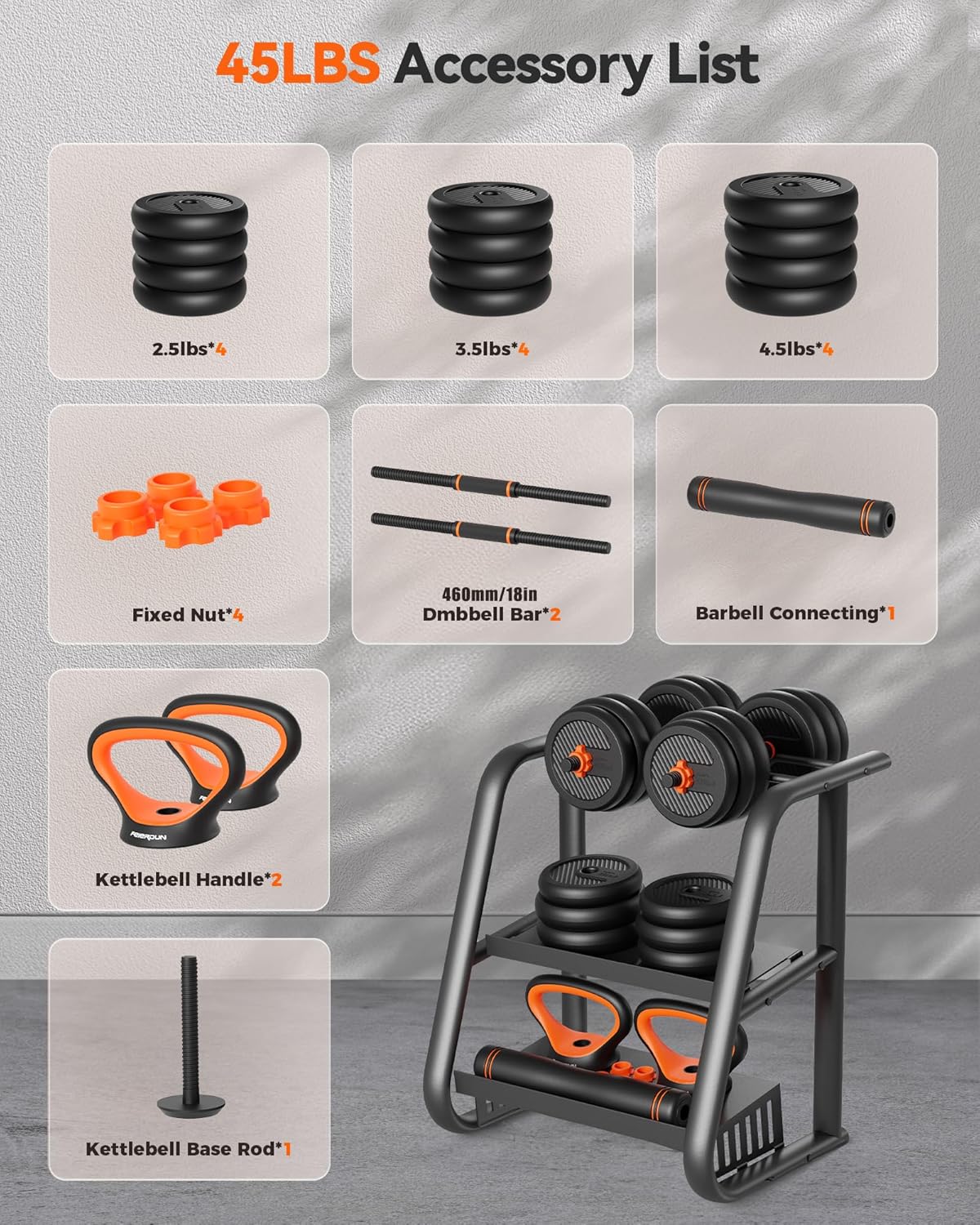 FEIERDUN Regulowane hantle, zestaw hantli o wadze 18 kg ze złączem, zestaw hantli 4 w 1, używany jako sztanga, kettlebell, stojak push-up, ćwiczenia fitness do domowej siłowni odpowiednie dla