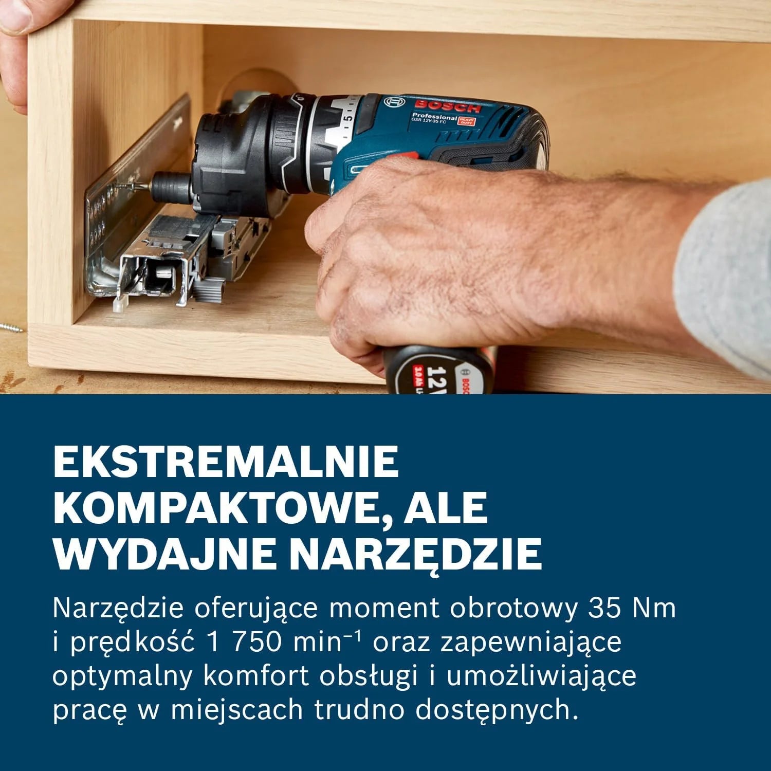 Bosch Professional system 12V: akumulatorowa wiertarko-wkrętarka GSR 12V-35 FC (2 akumulatory GBA 12V 3.0Ah, szybka ładowarka GAL 12V-40, 4 wymienne uchwyty FlexiClick, walizka L-BOXX)