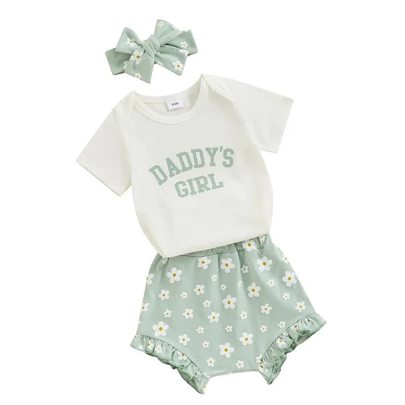 Baby Girls Outfit Short Sleeve Romper - Floral Shorts - Hairband Set Casual Clothes
