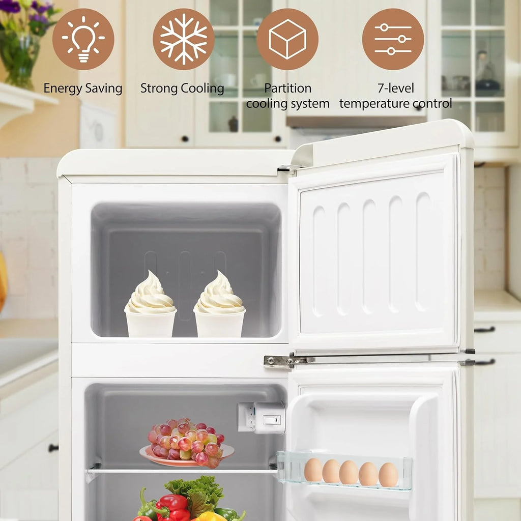 Lodówka w stylu retro, lodówko-zamrażarka, wysokość 105,5 cm, szerokość 41 cm, dwudrzwiowa, całkowita pojemność 92 litrów, 116 kWh/rok, -27°C ~ 13 °C, światło LED (czarny)