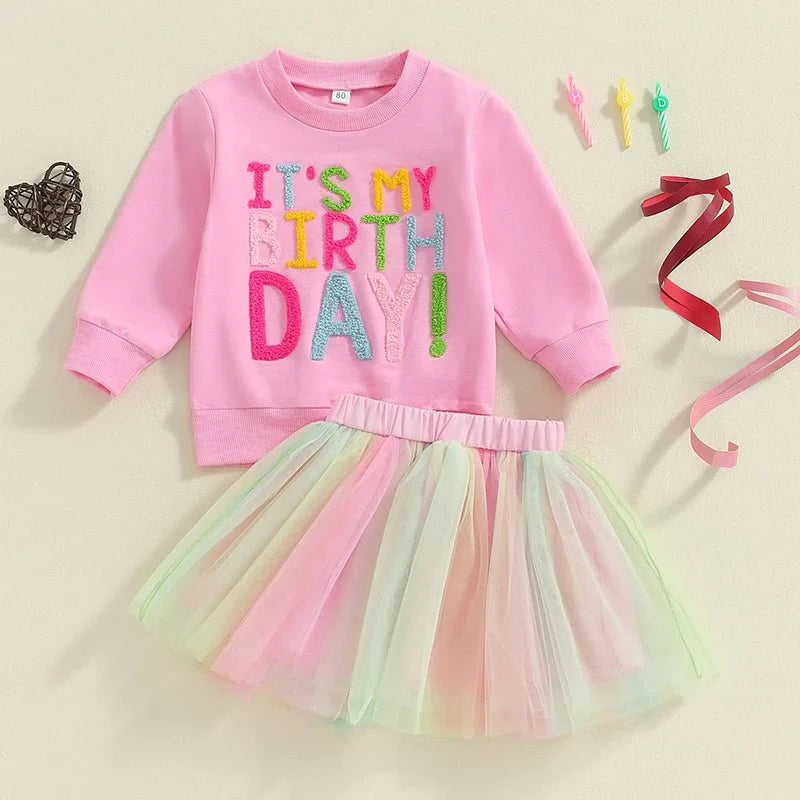 Kids Girls Outfit Long Sleeve Embroidery Letters Sweatshirt Tulle Skirt Birthday Clothes