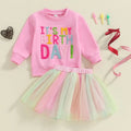 Kids Girls Outfit Long Sleeve Embroidery Letters Sweatshirt Tulle Skirt Birthday Clothes