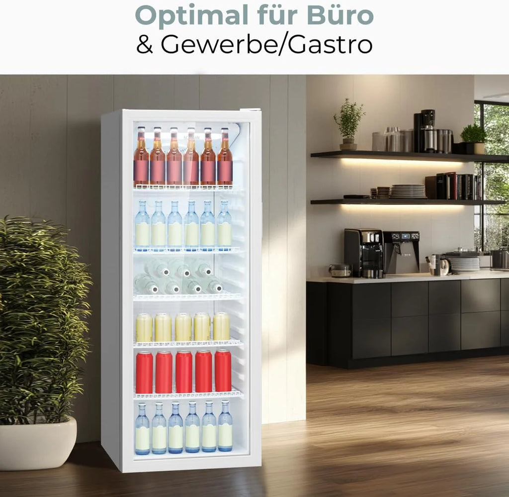 Lodówka Bomann® z drzwiami szklanymi, Klasa energetyczna C, 143 cm, Lodówka na napoje 2-12°C, MultiAirflow, 5 półek drucianych, Odwracalny zawias drzwi, 236 l, Chłodziarka na butelki, KSG 7292, biała