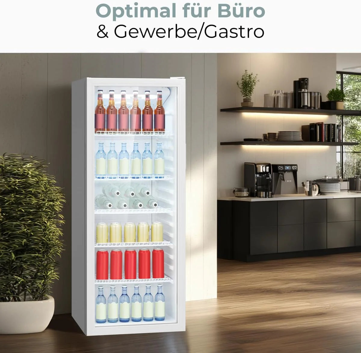 Lodówka Bomann® z drzwiami szklanymi, Klasa energetyczna C, 143 cm, Lodówka na napoje 2-12°C, MultiAirflow, 5 półek drucianych, Odwracalny zawias drzwi, 236 l, Chłodziarka na butelki, KSG 7292, biała