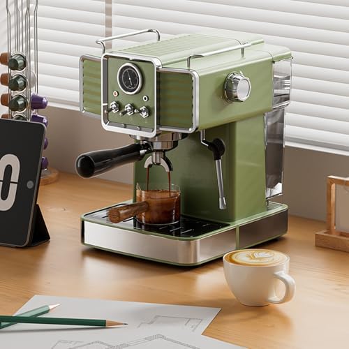 Retro Green 15 Bar Espresso Machine, 1350W Ekspres do kawy z mlecznym Frother, 1,6L Zdejmowany zbiornik i wizualny miernik do domu Cappuccino Latte Brewing