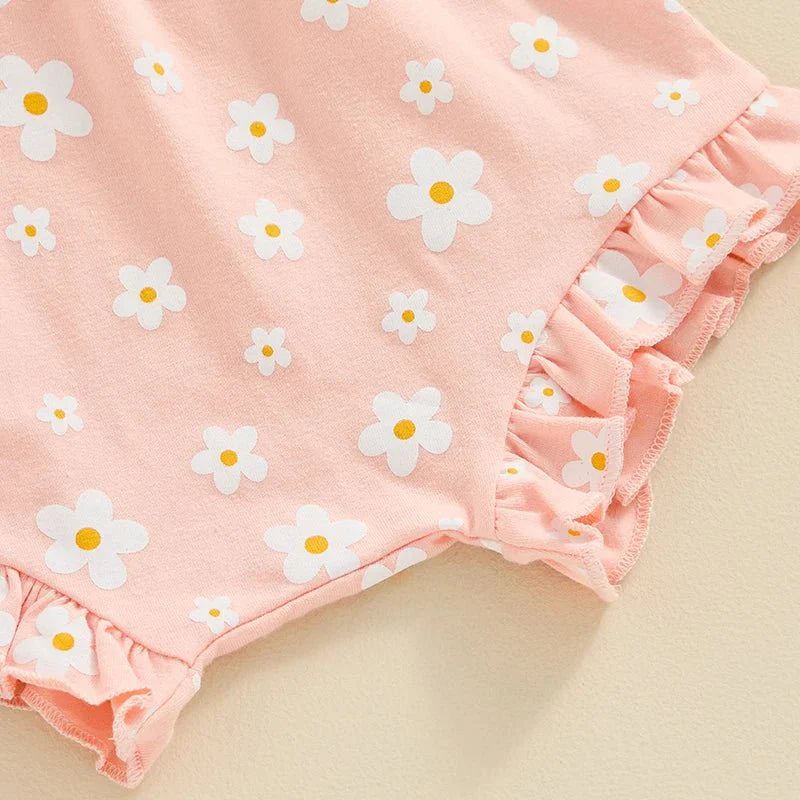 Baby Girls Outfit Short Sleeve Romper - Floral Shorts - Hairband Set Casual Clothes