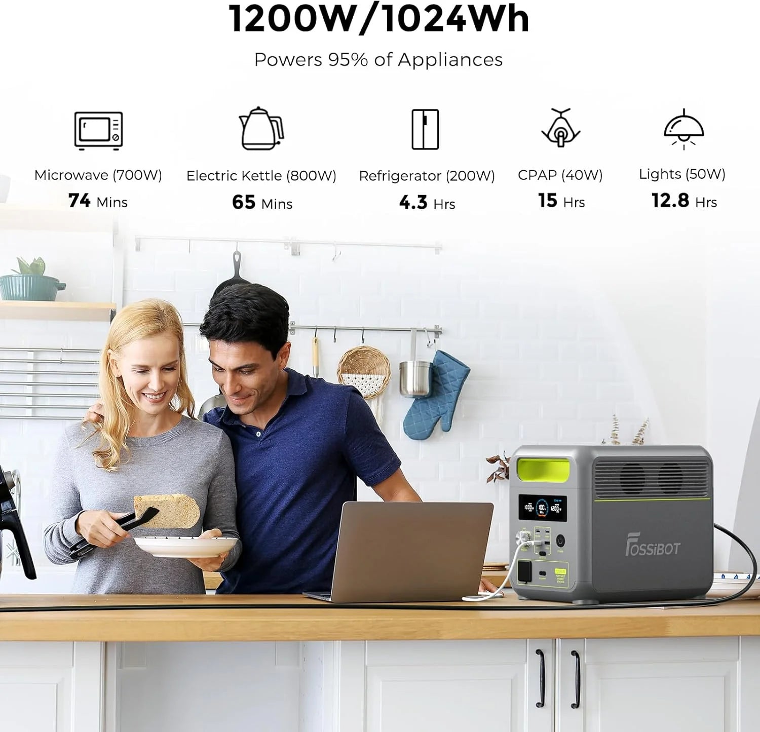 FOSSiBOT Przenośna stacja zasilania F1200, bateria LiFeP04 1024 Wh, moc wyjściowa do 1200 W, generator słoneczny, do użytkowania na kempingu, w kamperach