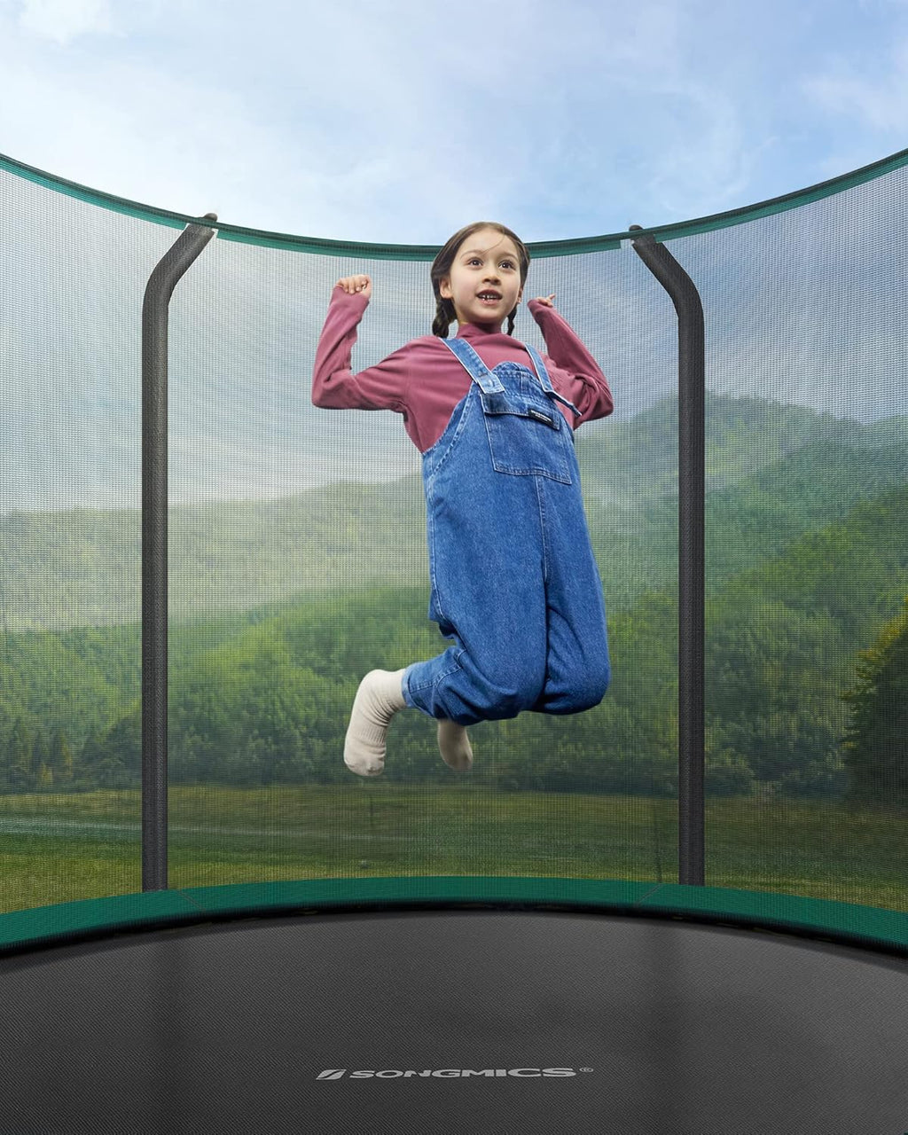 SONGMICS Trampolina Ø 244/305/366/427 cm, certyfikat TÜV Rheinland GS, okrągła trampolina ogrodowa z siatką zabezpieczającą i drabinką, wyściełany stelaż, dla dzieci i dorosłych
