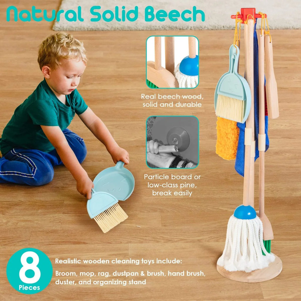 8-Piece Wooden Cleaning Set for Kids with Mop Broom Brushes Stand Rag