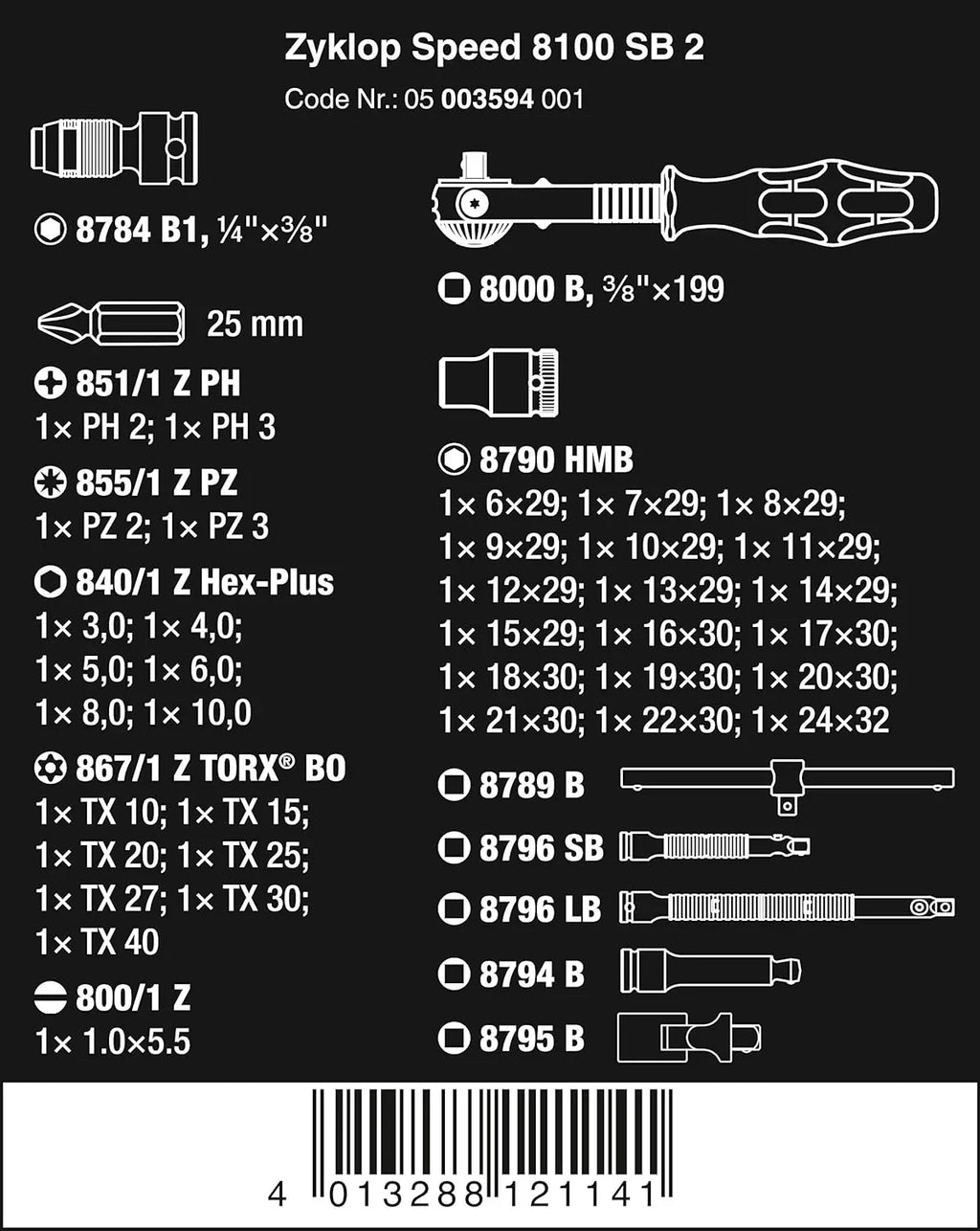5003594001 8100 SB 2 Zyklop 3/8 Metric Ratchet Set ( Piece of 43)