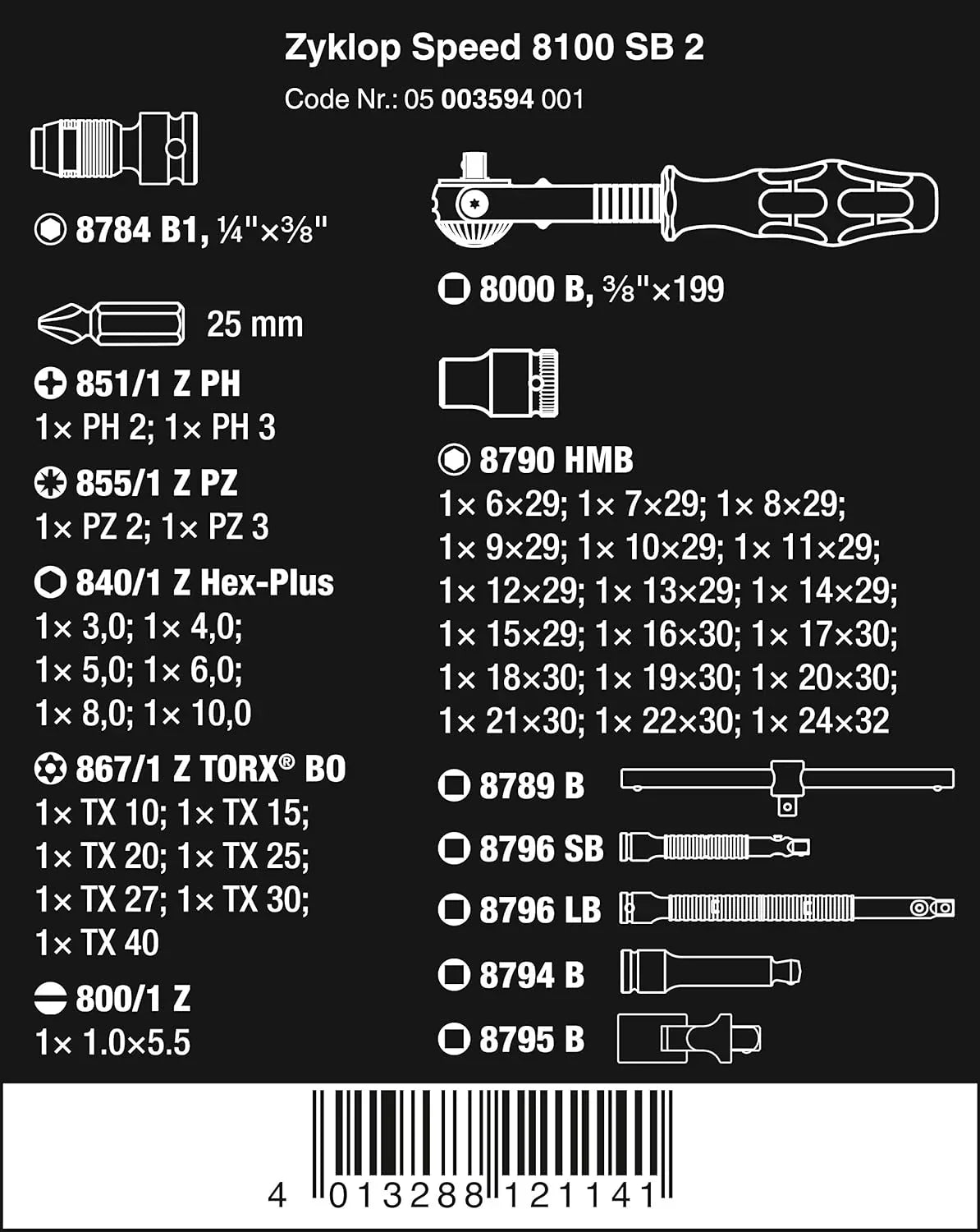 5003594001 8100 SB 2 Zyklop 3/8 Metric Ratchet Set ( Piece of 43)