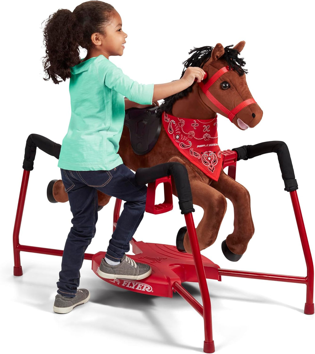 Brown plush interactive riding horse