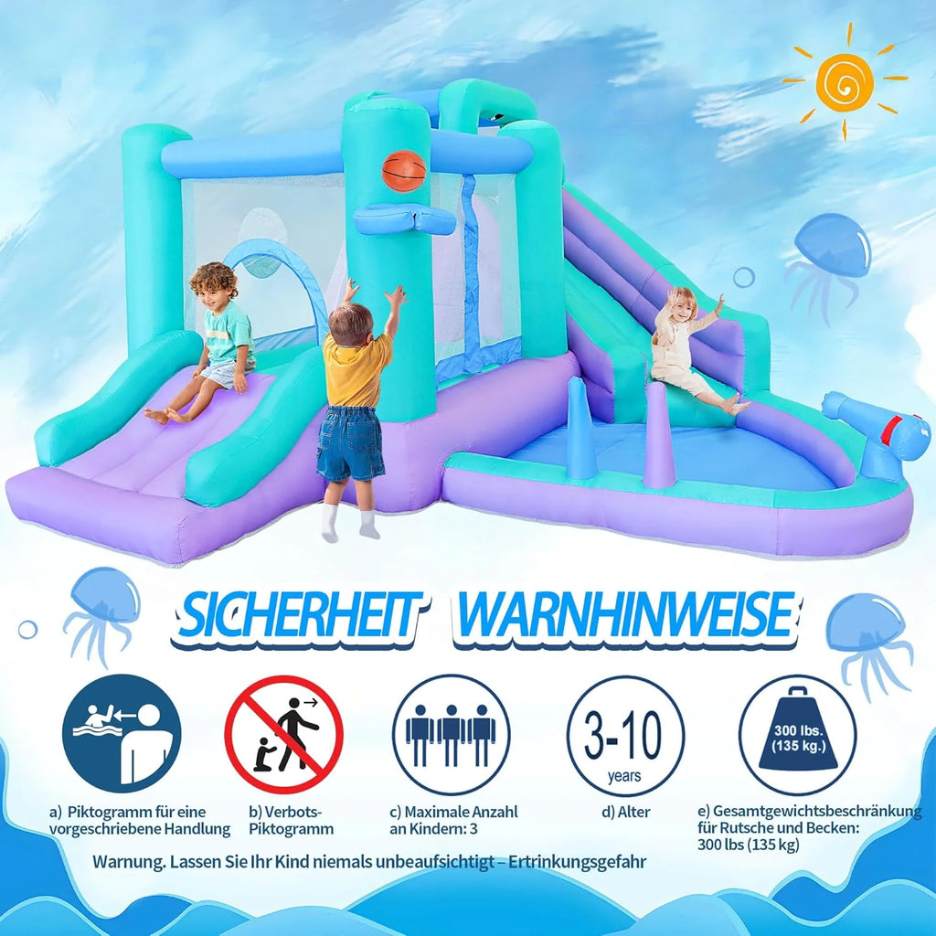 Nadmuchiwana zjeżdżalnia 9 w 1 z dmuchaną zjeżdżalnią wodną z zamkiem do skoków, umywalką natryskową, ścianką wspinaczkową, koszem do koszykówki, pistoletem wodnym, piłką celowniczą i