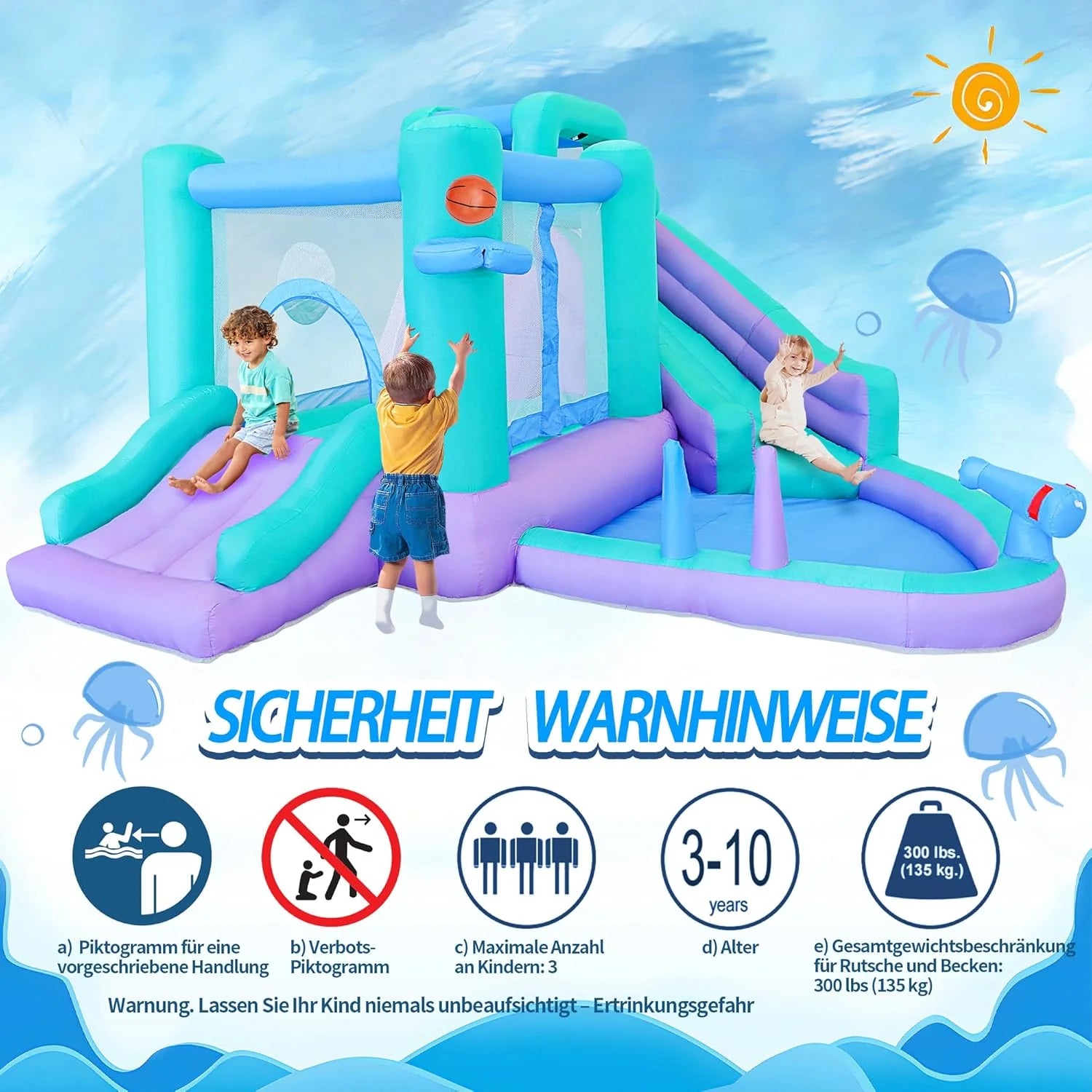 Nadmuchiwana zjeżdżalnia 9 w 1 z dmuchaną zjeżdżalnią wodną z zamkiem do skoków, umywalką natryskową, ścianką wspinaczkową, koszem do koszykówki, pistoletem wodnym, piłką celowniczą i