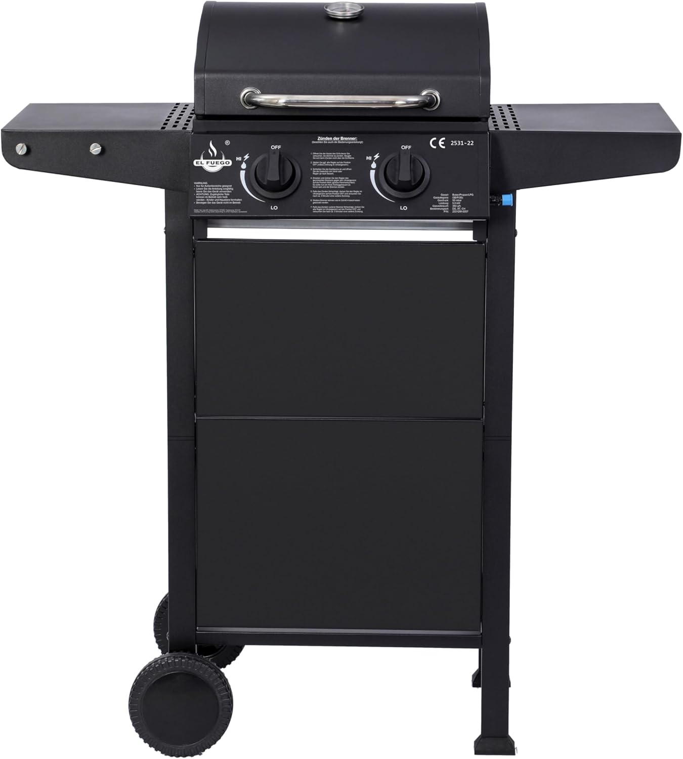 Grill gazowy San Jose 2 palniki firmy El Fuego®, w zestawie wąż gazowy i reduktor ciśnienia, ruszt do grillowania z żeliwa, z termometrem i dużymi półkami bocznymi, grill BBQ | AY0204