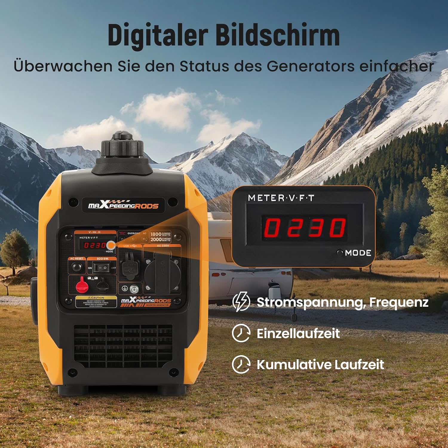 maXpeedingrods Inwerterowy generator prądu, 2000 W, benzynowy, 4-suwowy, z gniazdem USB i gniazdami 230 V, cyfrowy wyświetlacz, kompaktowy i lekki, na kemping, do podróży na świeżym powietrzu, kampera