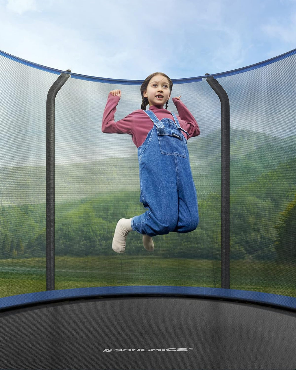 SONGMICS Trampolina Ø 244/305/366/427 cm, certyfikat TÜV Rheinland GS, okrągła trampolina ogrodowa z siatką zabezpieczającą i drabinką, wyściełany stelaż, dla dzieci i dorosłych