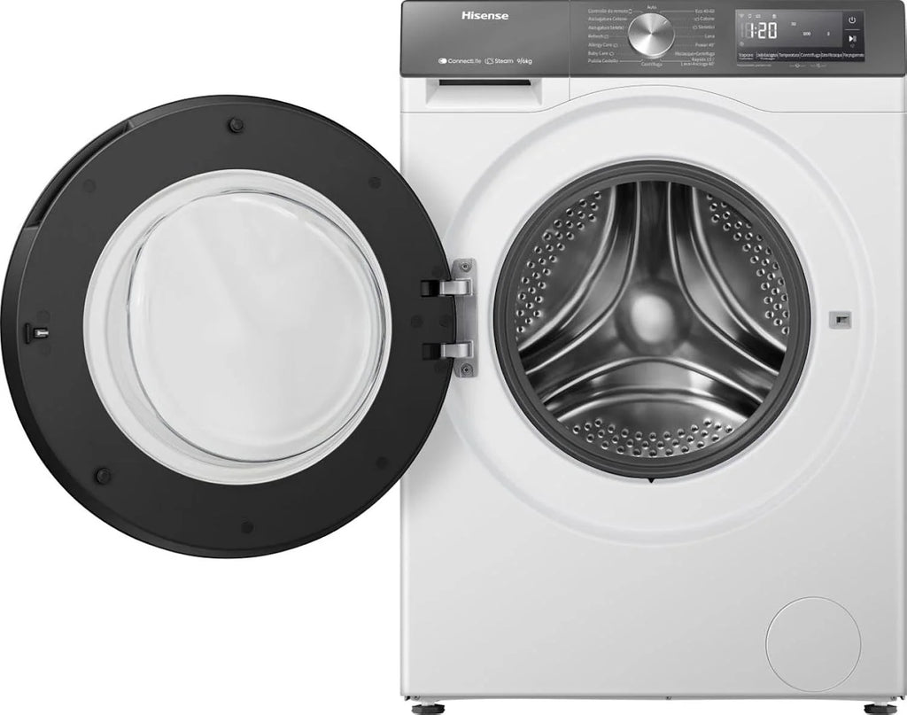Hisense WD3S9043BW7 pralko-suszarka 9 + 6 kg, 1400 obr./min, 15 programów automatycznych, silnik inwerterowy, klasa energetyczna A-30%/D, wyświetlacz LED, szary, WiFi