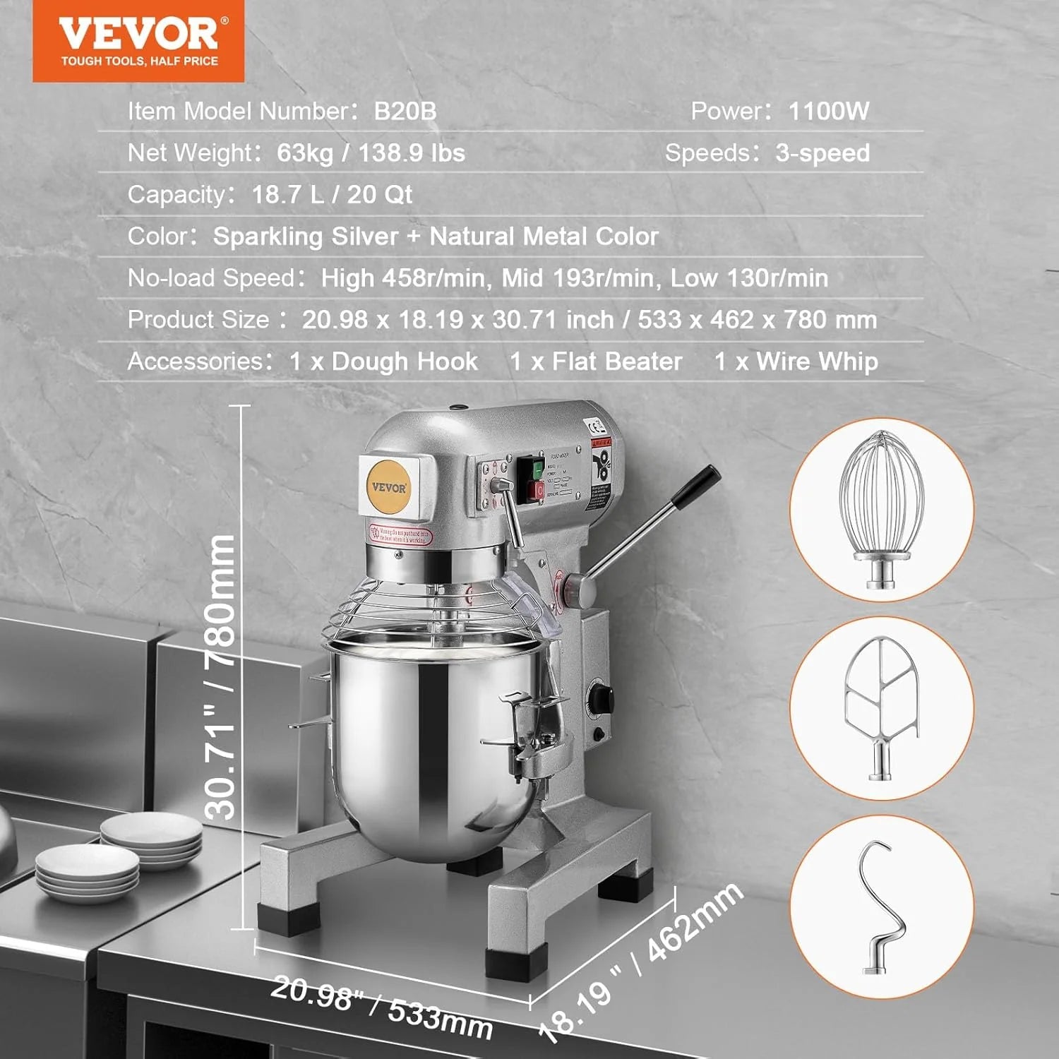 VEVOR Komercyjny robot kuchenny, mikser kuchenny 18,7 l, 3 regulowane prędkości, 1100 W mikser do ugniatania z miską ze stali nierdzewnej do restauracji, piekarni, piekarni, baru, kuchni