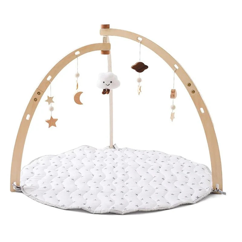 Wooden Baby Activity Play Mat with 6 Hanging Toys and Foldable Frame