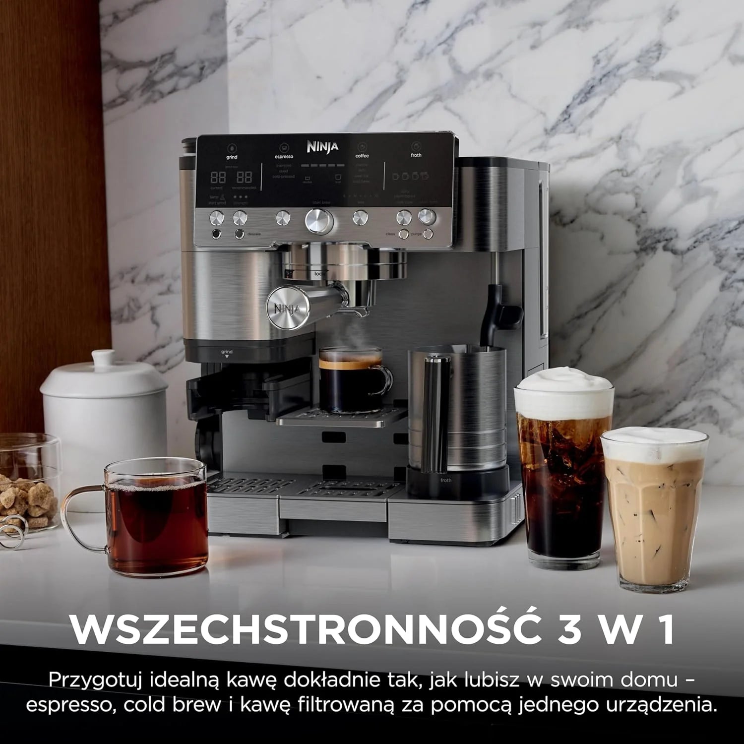 Ninja Luxe Premier Ekspres do kawy 3 w 1, latte, cappuccino, cold brew, espresso, wbudowany młynek i spieniacz do mleka, łatwy w obsłudze, 4 automatyczne ustawienia spieniania, srebrny, ES601EU