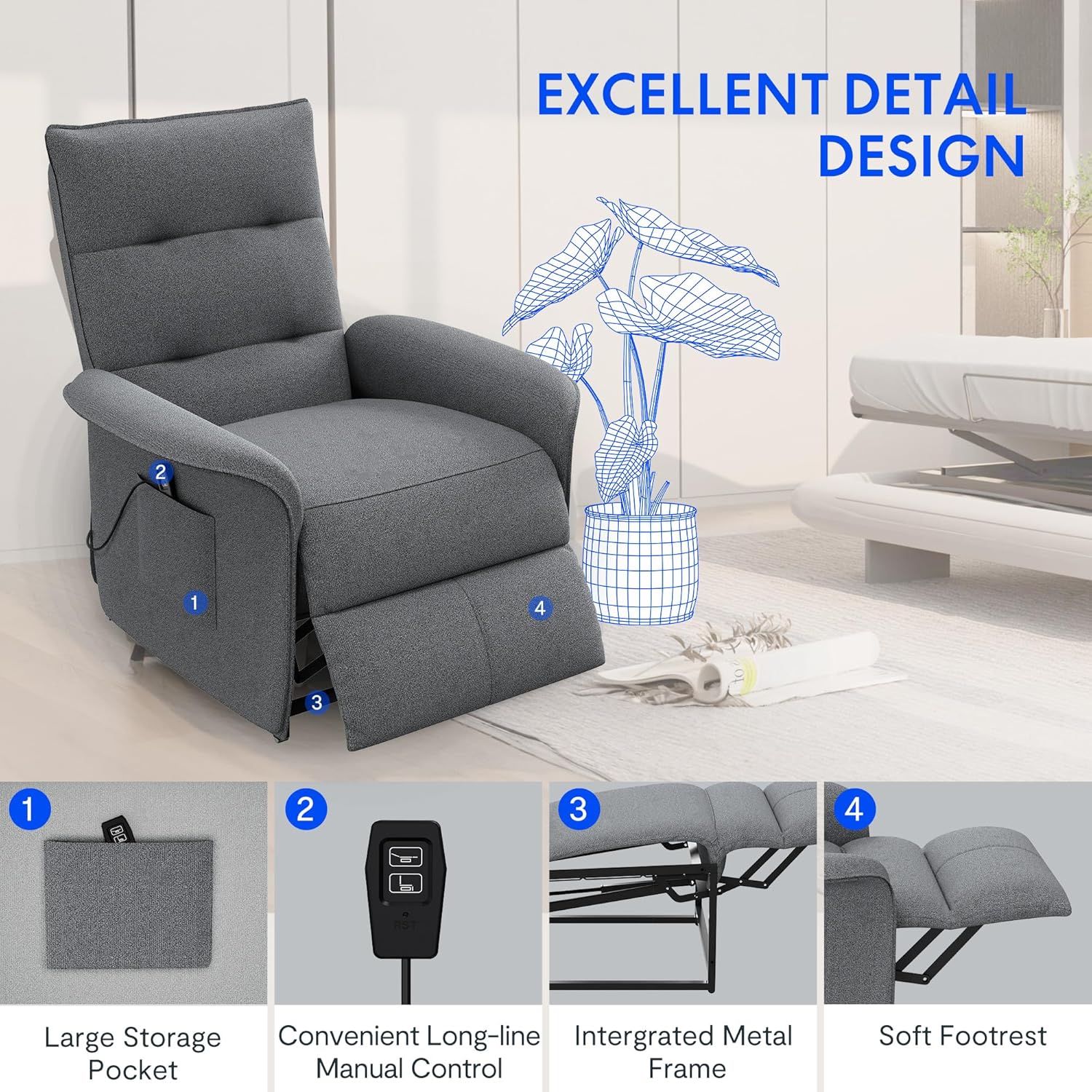 Fotel rozkładany elektrycznie FLEXISPOT z regulowanym oparciem, odchylany w zakresie od 105° do 155°, ergonomiczny fotel wypoczynkowy do sypialni, salonu i kina domowego (ciemnoszary)