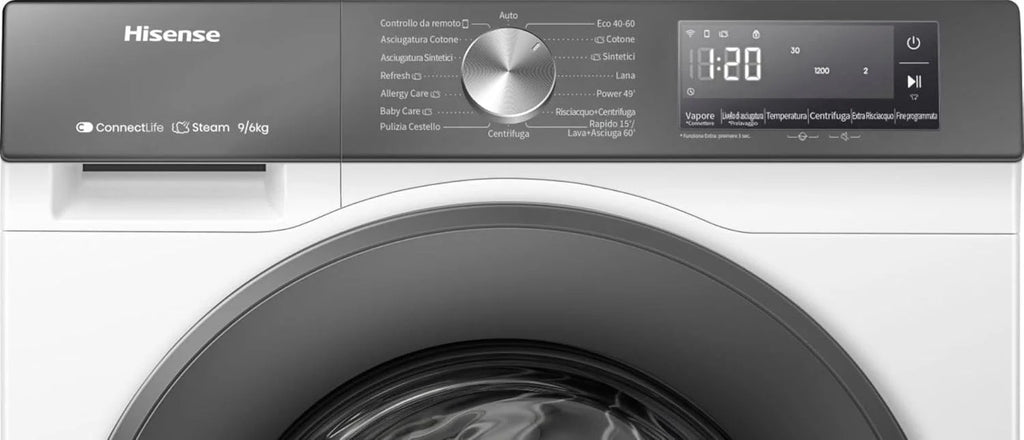 Hisense WD3S9043BW7 pralko-suszarka 9 + 6 kg, 1400 obr./min, 15 programów automatycznych, silnik inwerterowy, klasa energetyczna A-30%/D, wyświetlacz LED, szary, WiFi