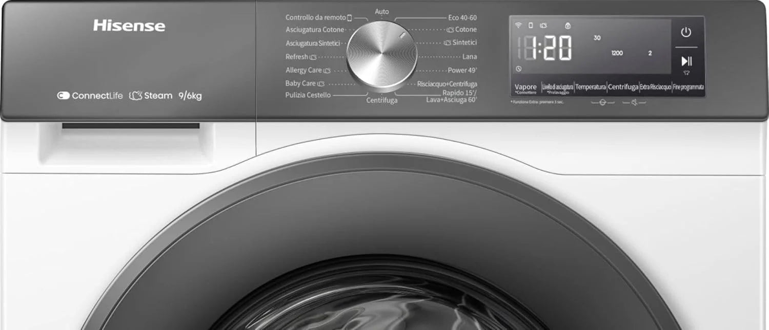 Hisense WD3S9043BW7 pralko-suszarka 9 + 6 kg, 1400 obr./min, 15 programów automatycznych, silnik inwerterowy, klasa energetyczna A-30%/D, wyświetlacz LED, szary, WiFi