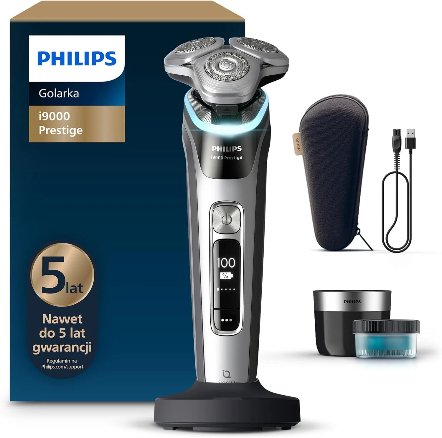 Philips Shaver i9000 Prestige, golarka elektryczna do golenia na sucho i mokro z technologią Skin IQ, System Triple Lift & Cut, podwójne ostrza SteelPrecision 360º, Model XP9205/30