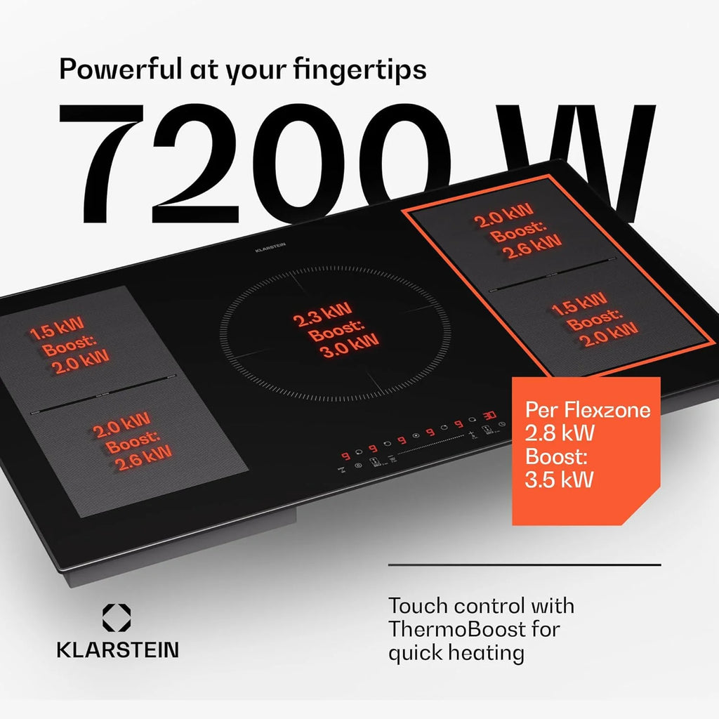 Klarstein Płyta indukcyjna, płyta kuchenna z ceramiki szklanej, 7000 W, płyta indukcyjna z 4 płytami, płyta indukcyjna do zabudowy z ekranem dotykowym i timerem, nowoczesne płyty grzewcze z
