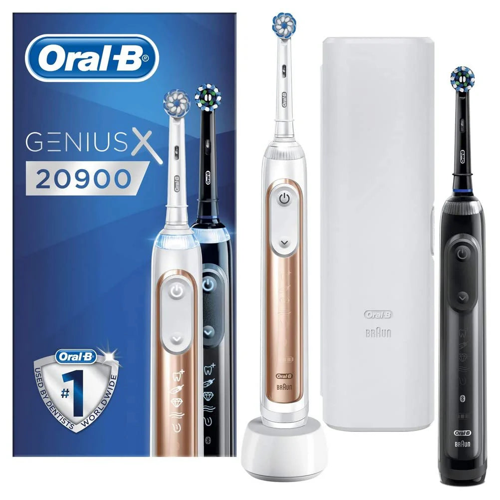 Oral-B Genius X 20900 elektryczna szczoteczka do zębów, dwupak, 6 trybów czyszczenia, Bluetooth, etui, prezent, różowe złoto