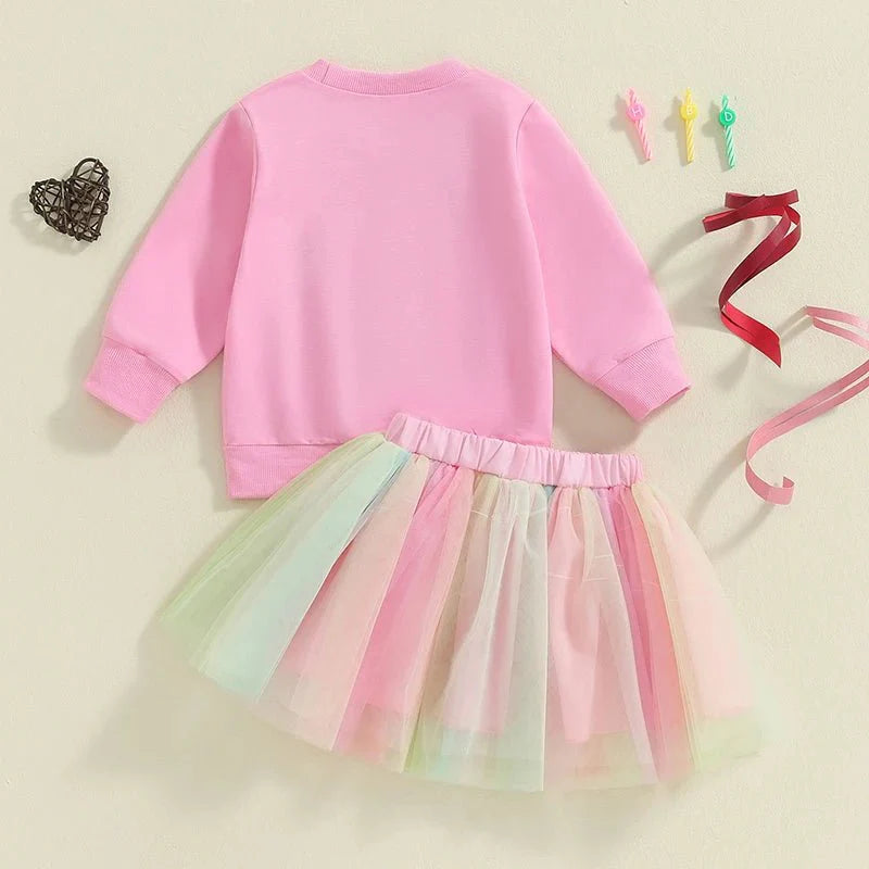 Kids Girls Outfit Long Sleeve Embroidery Letters Sweatshirt Tulle Skirt Birthday Clothes