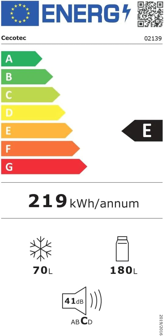 Cecotec Lodówka kombi Bolero CoolMarket Combi 250 Grey Glass E. Klasa energetyczna E lodówka z szarym szkłem 180 x 55 cm, 250 l, No Frost, Multi Air Flow, szybkie chłodzenie.
