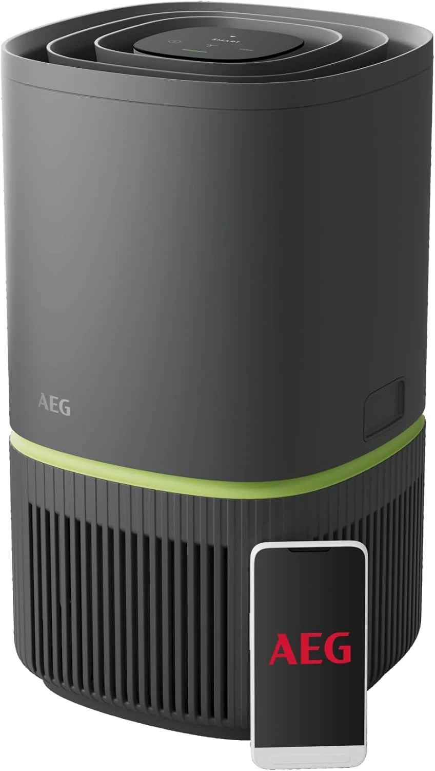 AEG APU72771DG oczyszczacz powietrza, filtr HEPA, eliminuje 99,5% bakterii, pojemność do 70 m2, 3 prędkości, dotykowy, sterowanie głosem, Wi-Fi, czujnik wilgotności/temperatury, filtrowanie 4 etapów,