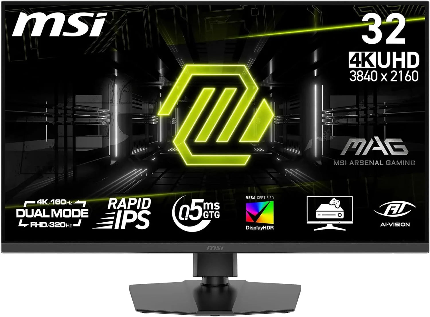 MSI MAG 322URDF E16 Monitor do gier 32 4K UHD 3840 x 2160 Rapid IPS 0,5 ms DisplayHDR 400 Ochrona oczu AI Vision Dual Mode HDMI 2.1 DP 1.4a Regulowany kąt nachylenia/wysokość - czarny