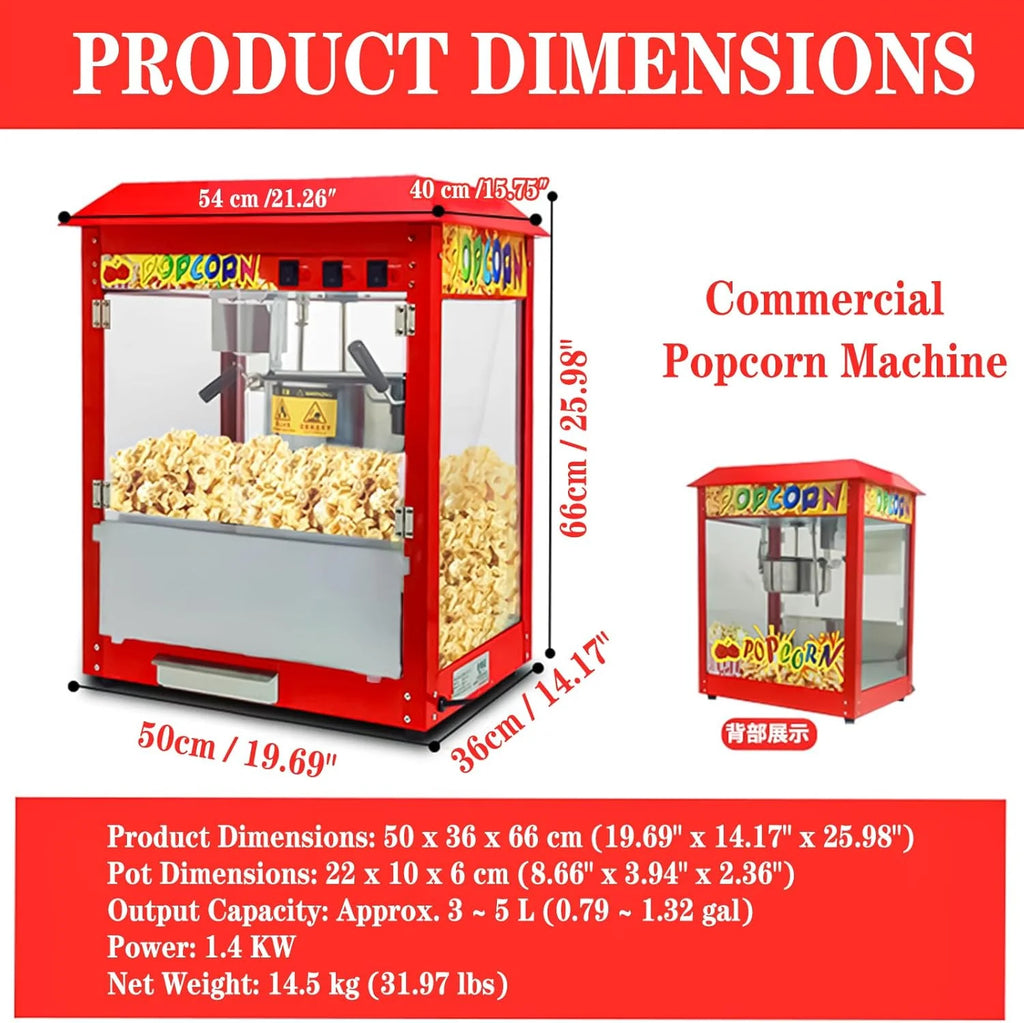 Komercyjna maszyna do popcornu z czajnikiem 10 uncji i podgrzewaną lampką, nablatowa maszyna do popcornu o mocy 1400 W do domu, teatru i firmy, w stylu filmowym z 3-przełącznikami Flat-top
