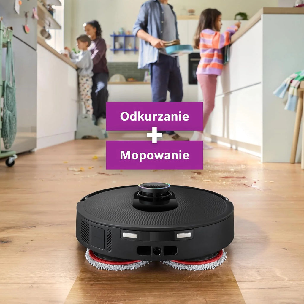 Bosch Spotless Max Robot sprzątający z funkcją mopowania, moc ssania 11 000 Pa, wysuwana nakładka mopującą, stacja czyszczącą, nawigacją Smart Vision, aplikacja Bosch Home Connect, BCRDW3B, czarny