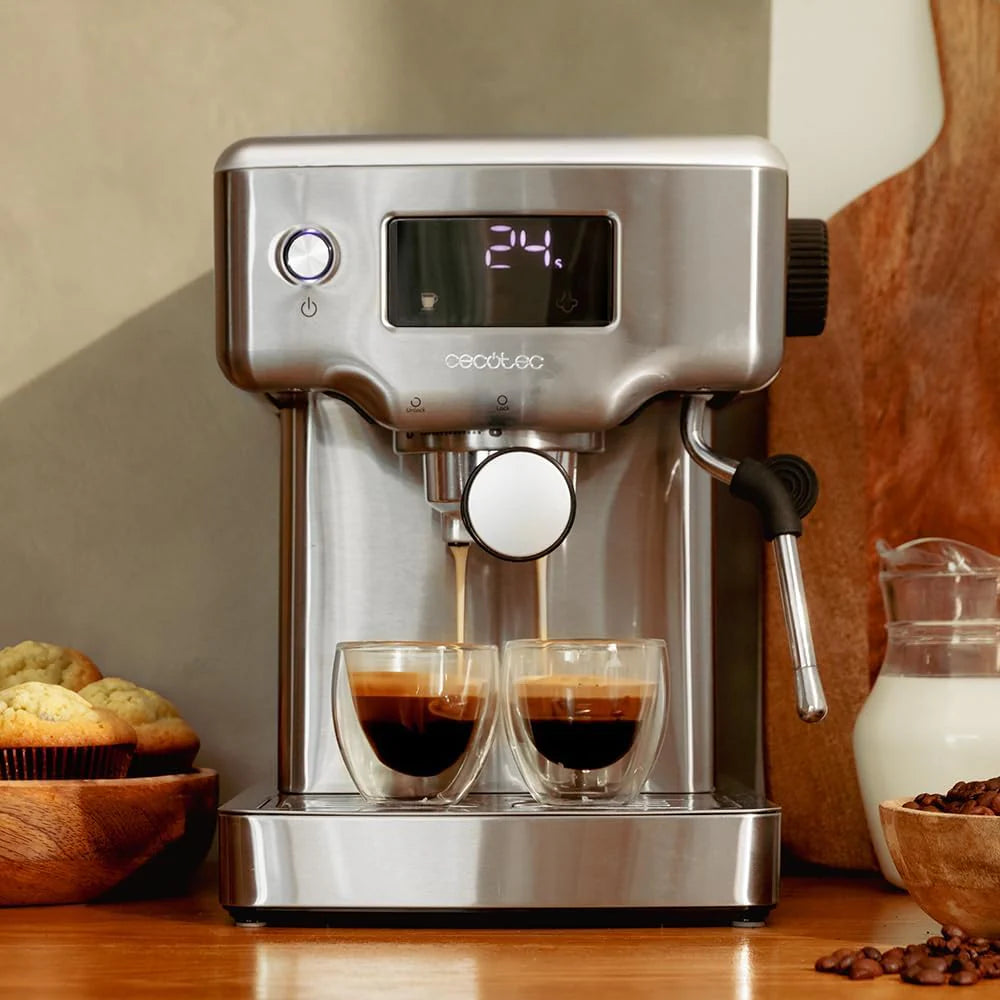 Cecotec Ekspres do kawy z podwójnym wyjściem Power Espresso 20 Barista Cream. 1550 W, 20 prętów, zbiornik na ziarna kawy 250g, młynek z 30 poziomami mielenia, termoblok, zbiornik na wodę 2.5 L