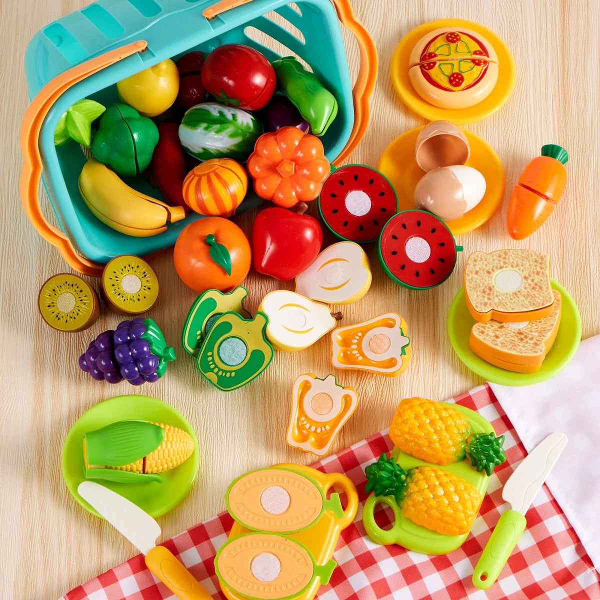 71Pcs Pretend Cutting Food Toy Set Fruits, Veggies, Basket Utensils