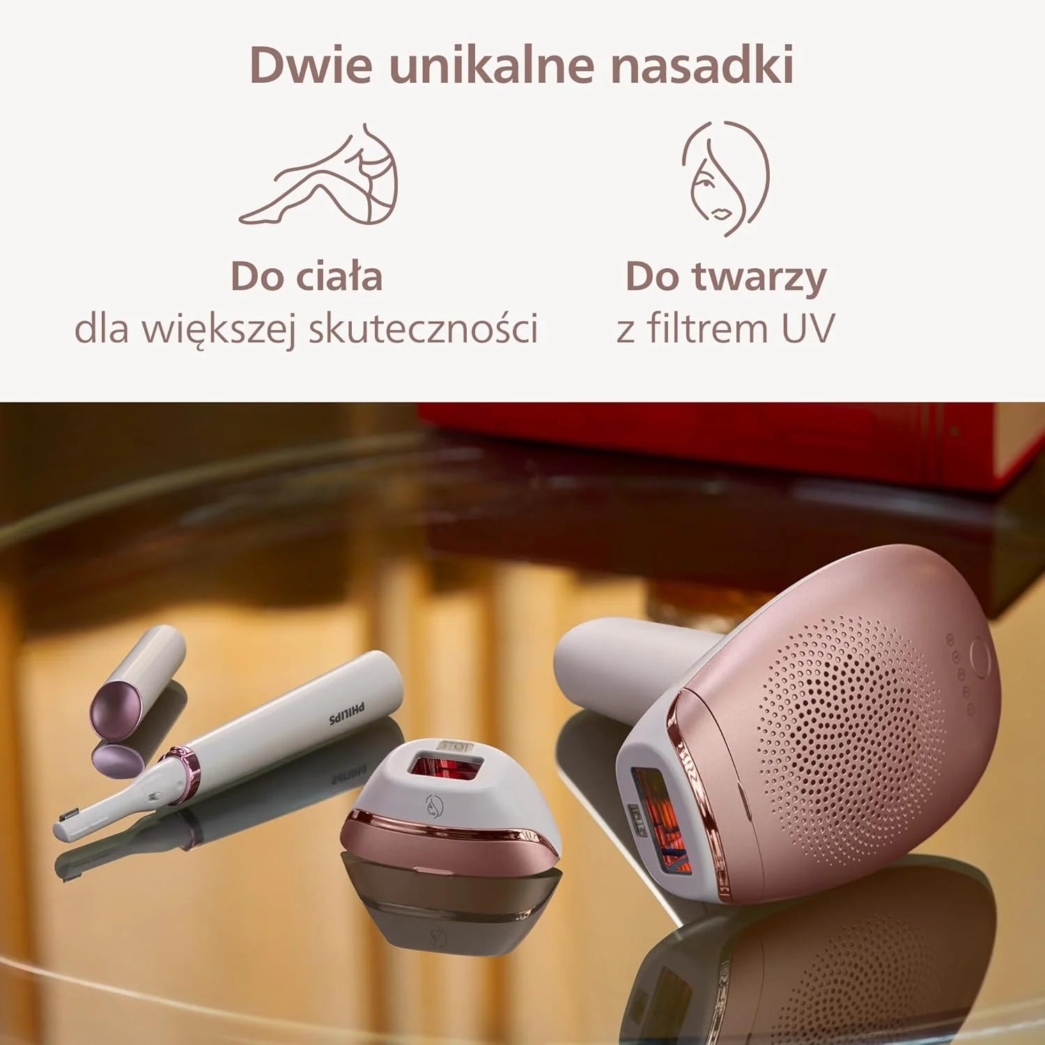 Philips Lumea z serii 7000 - urządzenie IPL do depilacji światłem. Zestaw z 2 nasadkami: do ciała i twarzy oraz ołówkowym trymerem do wyrównywania Satin Compact. Zasilanie sieciowe. BRI921/00