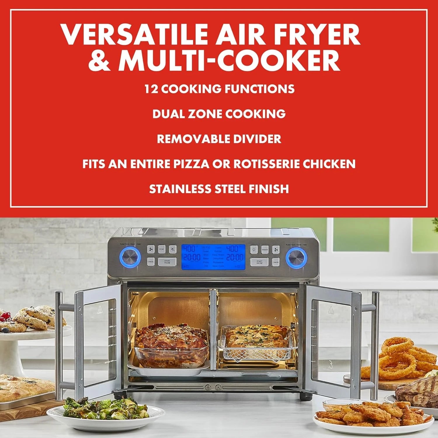 Emeril Lagasse Dwustrefowa frytkownica powietrzna 360 z drzwiami francuskimi, 25 QT, gotuj dwa potrawy na różne sposoby, do 60% szybciej od mrożonego do końca