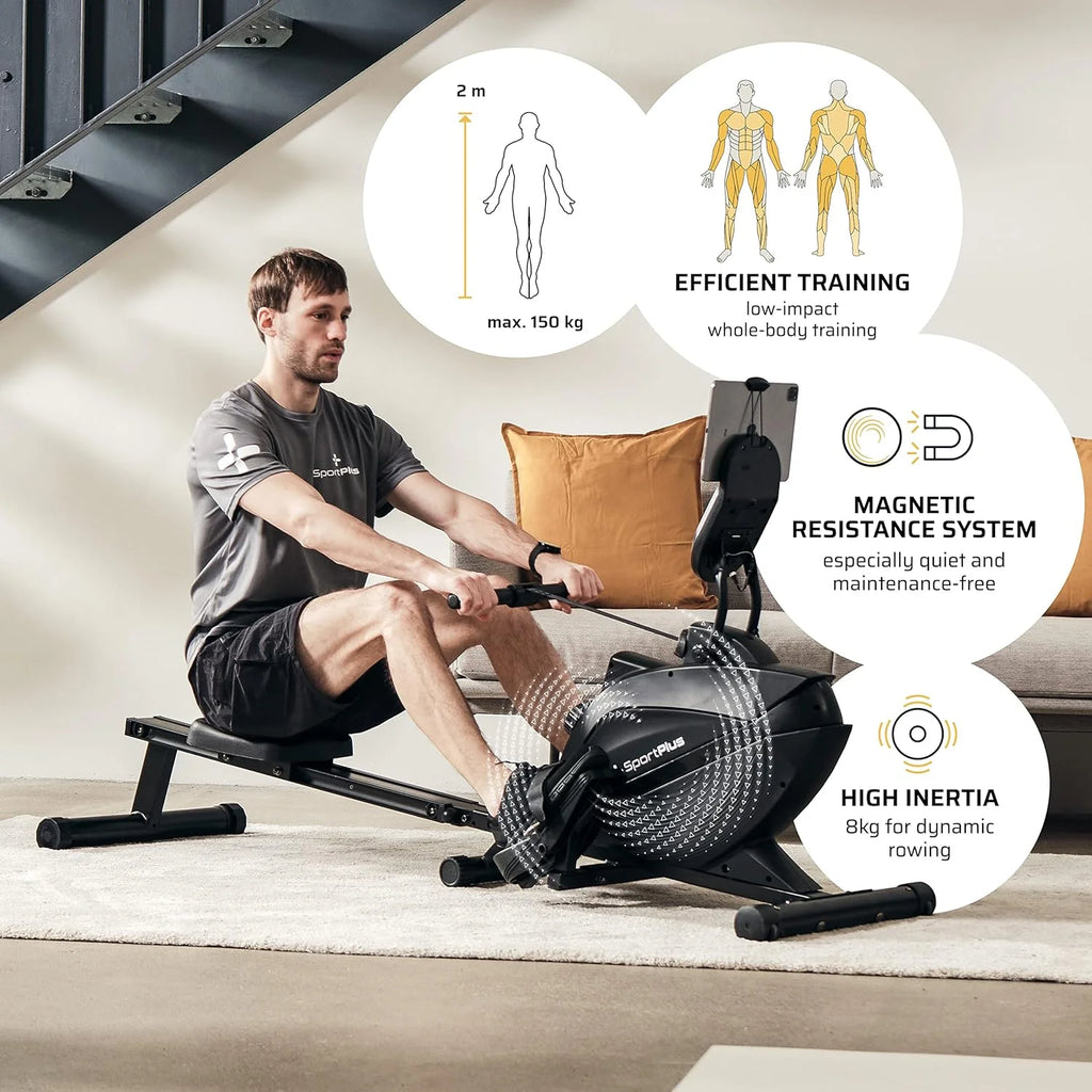 SportPlus | Newest Edition | Składany wioślarz do mieszkania, cichy magnetyczny układ hamulcowy, 8 poziomów oporu, masa bezwładności 8 kg