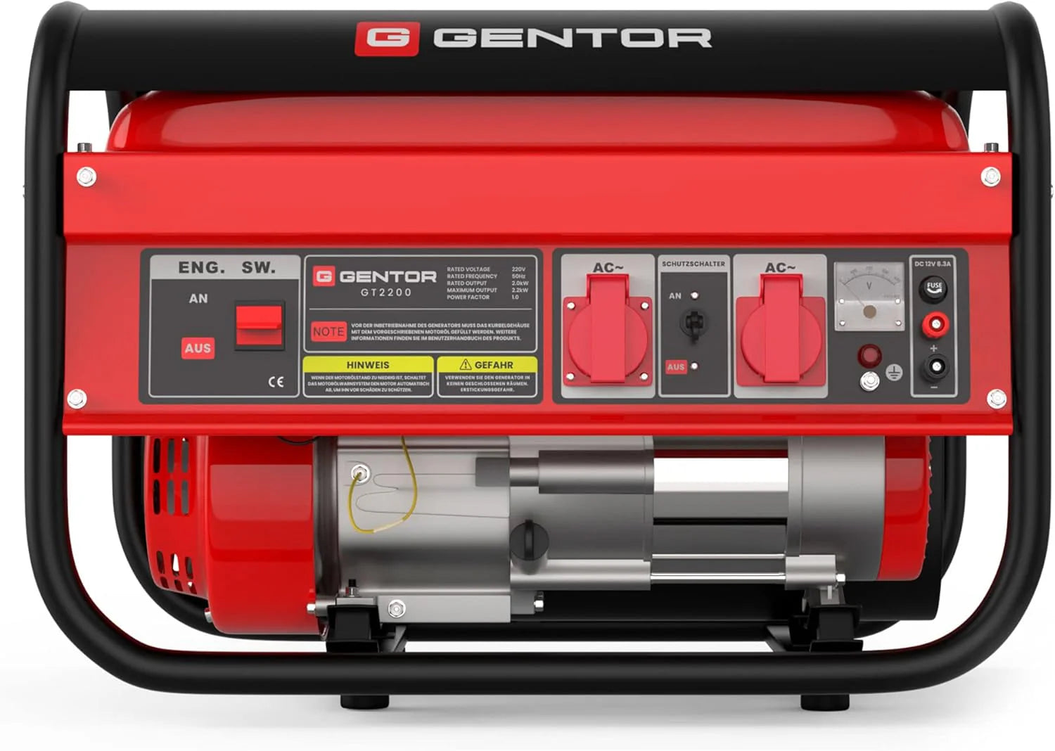 GENTOR generator prądu awaryjnego benzyna cichy 2200 Watt 6.5HP, generatory prądu 4-suwowy silnik benzynowy, 2x 230V, 1x 12V, pull-start, dla kempingu, na zewnątrz, warsztat, dom