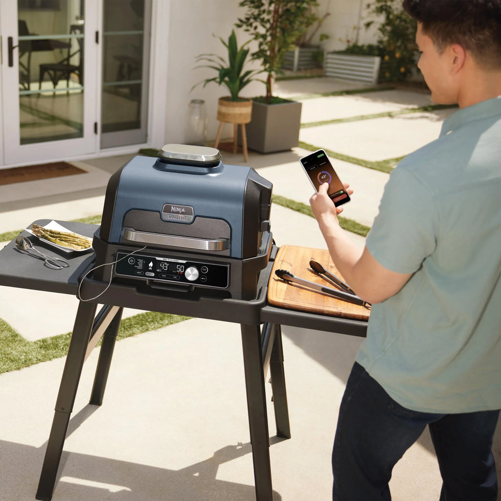 Ninja Woodfire Grill elektryczny, wędzarnia i frytkownica beztłuszczowa, 7 w 1, zewnętrzny, wędzenie, opiekanie, ciasta, odporny na pogodę, nieprzywierający, przenośny, szary/czarny OG701EU