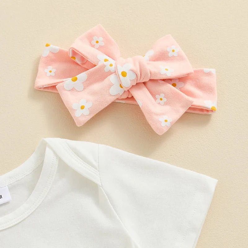 Baby Girls Outfit Short Sleeve Romper - Floral Shorts - Hairband Set Casual Clothes