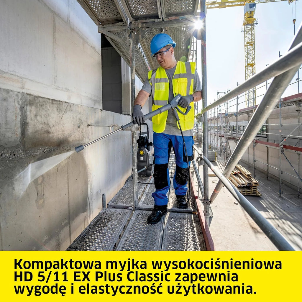 Kärcher myjka ciśnieniowa HD 5/11 EX Plus Classic, ciśnienie robocze: 110 bar, wydajność: 500 l/h, waga: 21 kg, wąż: 8 m, lanca, pistolet ciśnieniowy, dysza rotacyjna, bęben na wąż