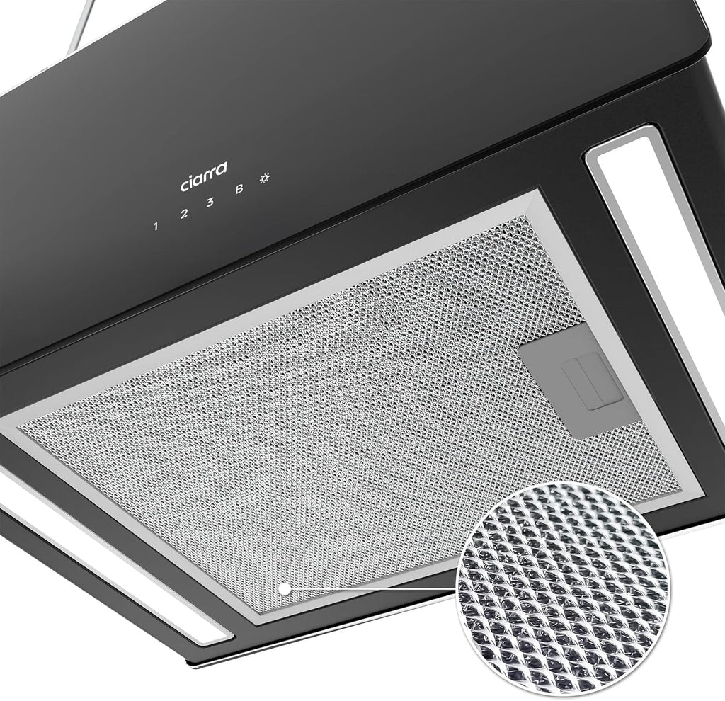 CIARRA CBCB4850 A+++ Okap wyspowy, obiegowy wiszący, 48 cm, 700 m³/h, z inteligentną aplikacją Wi-Fi, 4 poziomy prędkości, funkcja turbo, przednia szyba szklana, w zestawie filtr węglowy CBCF003