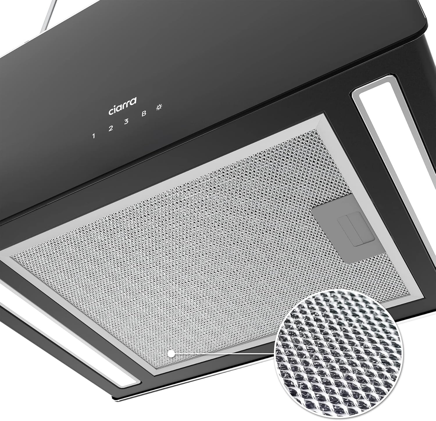 CIARRA CBCB4850 A+++ Okap wyspowy, obiegowy wiszący, 48 cm, 700 m³/h, z inteligentną aplikacją Wi-Fi, 4 poziomy prędkości, funkcja turbo, przednia szyba szklana, w zestawie filtr węglowy CBCF003