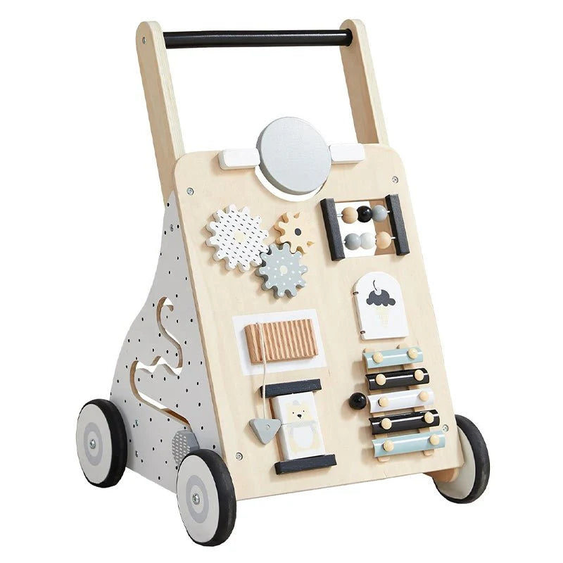 Wooden Baby Walker with Activity Board and Adjustable Wheel Resistance