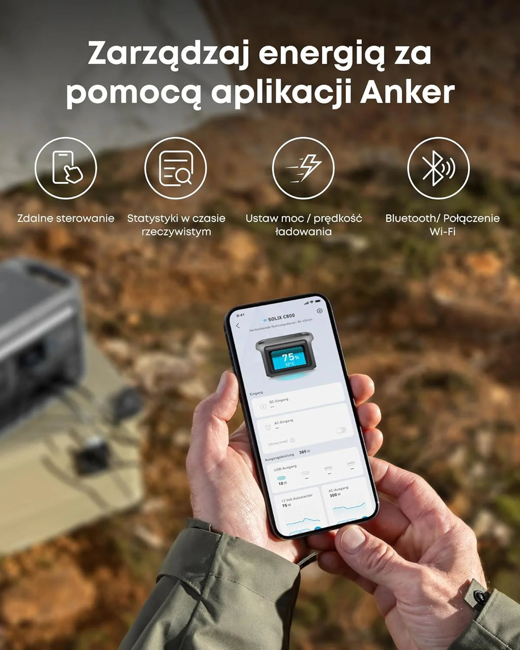 Przenośna stacja zasilania SOLIX C800 firmy anker, generator słoneczny 1200 W (maks. 1600 W), ładowanie w 58 min., akumulator LiFePO4 768 Wh na biwakowania, podróże czy awarie prądu